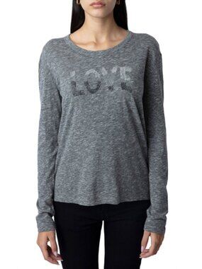 NWT Zadig & Voltaire WILLY LOVE Lettering Beaded Melange Long Sleeve T-Shirt